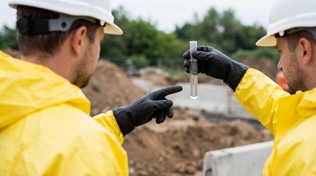 Two environmental workers in yellow protective suits and hard hats carefully examine a liquid sample in a test tube, performing vital assessments at an outdoor industrial site for safety