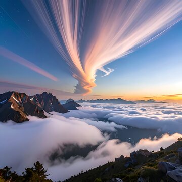 A breathtaking mountain landscape with clouds and a vibrant sky