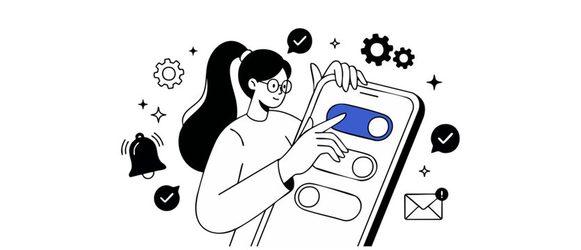 Smartphone settings user control vector illustration of woman adjusting custom mobile app notification preferences and opt-in privacy toggles on screen for seamless abstract digital user experience.
