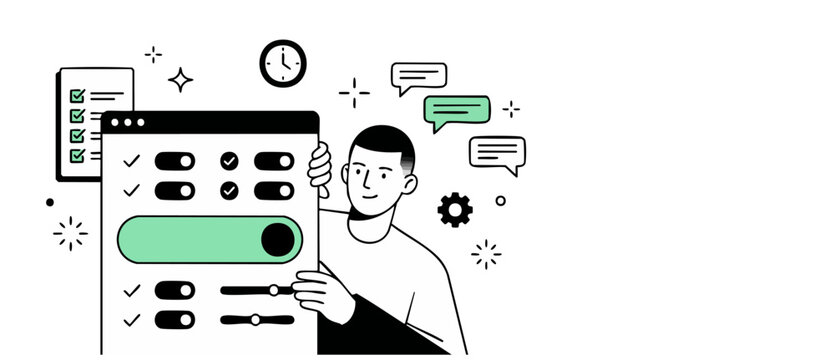 User interface settings customization control panel with man optimizing his personal digital workflow, managing task checklists and online business options in a teal minimalist line art illustration
