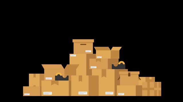 Transparent video of cardboard boxes falling stack onto the floor, cartoon flat 2D animated motion graphics.