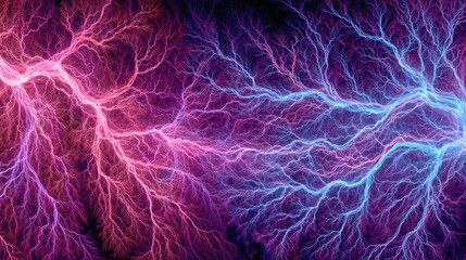 Obraz premium Vibrant abstract lightning energy network glowing with purple pink and blue hues representing interconnected pathways