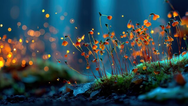 Close-up view of vibrant orange mushrooms growing on forest floor with soft bokeh background, illuminated by gentle light filtering through trees
