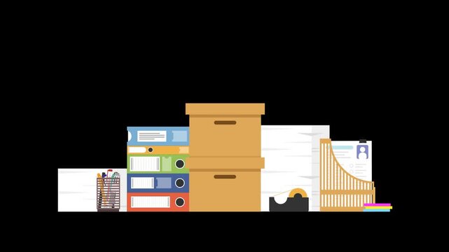 A stack of document folders falling onto the floor with transparent background, cartoon flat animated 2D motion graphics.