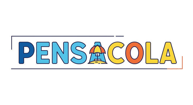 Pensacola Text Logo with Beach Umbrella Icon, Vibrant Colors, Travel Destination Branding