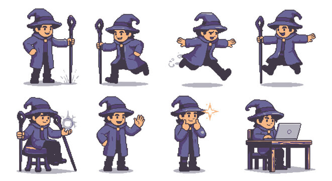 Magical wizard character set with various spellcasting and work poses.