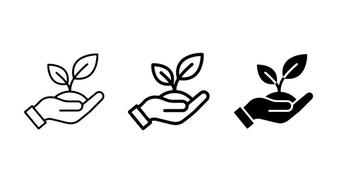 Hand holding seedling icons, growth concept, eco-friendly, organic, nature, sustainability, new beginnings, vector set