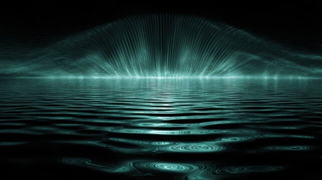 Harmonic waves of teal light expanding across a rippling water surface, a mesmerizing visual representation of energy and motion