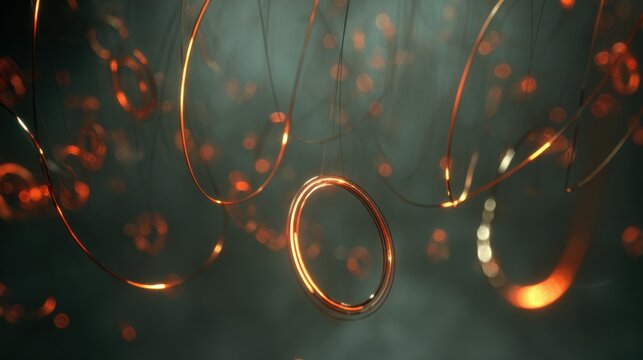 Interconnected network of glowing copper nodes pulsing with light on a dark textured background, representing technology and data flow.