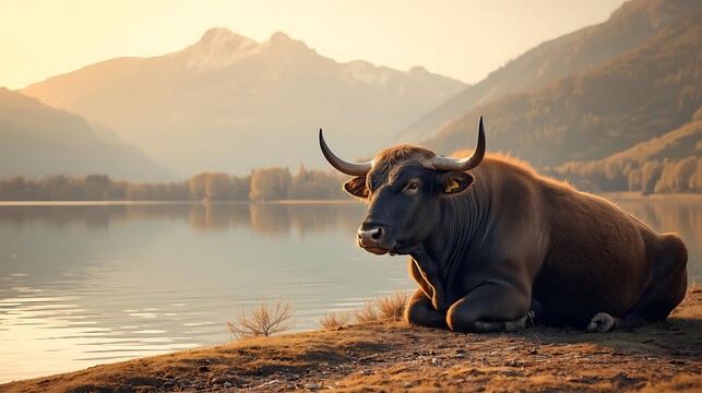 Calm Taurus bull resting near tranquil lake with soft mountain backdrop, realistic nature environment, warm sunrise reflections, earthy neutral tones