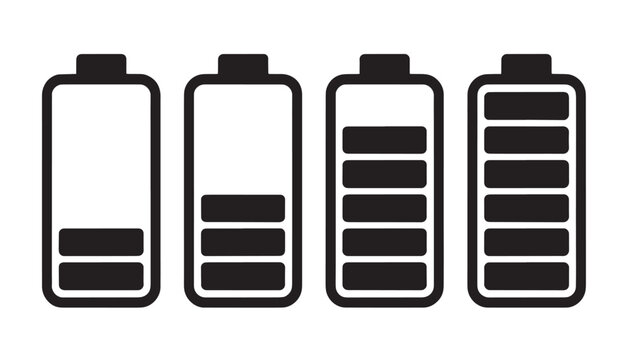 Four battery icons showing different levels of charge from empty to full, isolated on white.