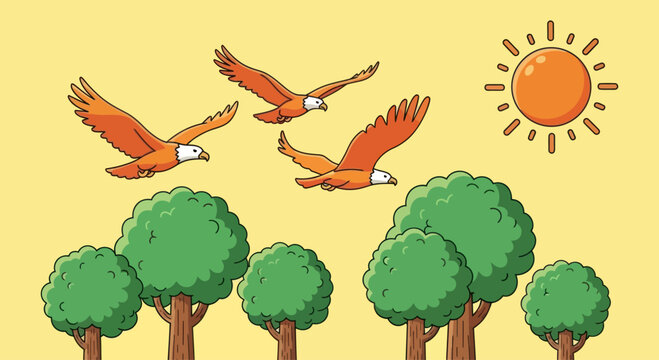 Cartoon eagles fly over trees under a bright sun, graphic element