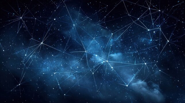 Geometric constellations forming intricate patterns against a starry deep space nebula background, symbolizing interconnectedness and cosmic exploration.