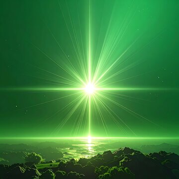 A bright green light radiates over a dark landscape