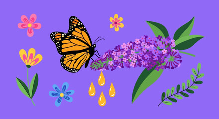 Monarch butterfly on purple flower cluster with nectar drops, surrounded by stylized small flowers and leaves. © sye