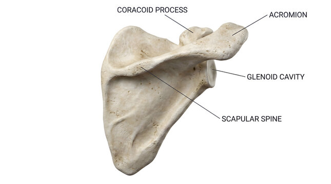 Accurate 3D illustration of human scapula, detailing acromion, coracoid process, glenoid cavity, and scapular spine, for medical and anatomical education