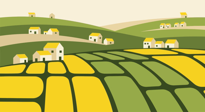 Stylized landscape with rolling hills, farms, and patchwork fields in a minimalist vector illustration style.