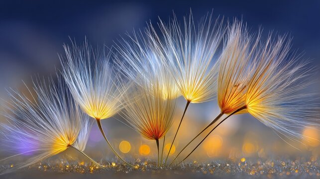 Delicate dandelion seeds with glowing centers, dispersing in a soft bokeh background