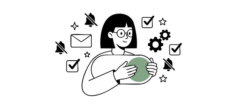 Woman managing digital settings interface holding toggle switch button with notifications and task icons, minimalist line art flat illustration style for productivity control and development services.