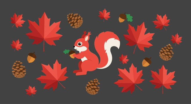 Cute cartoon squirrel holding acorn surrounded by autumn maple leaves and pine cones, flat design