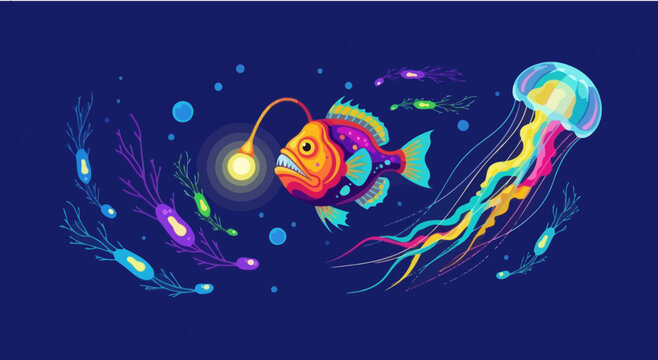 Deep sea anglerfish with bioluminescent lure swims with colorful jellyfish and plankton in dark ocean depths, vector illustration.