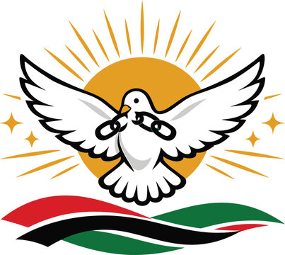 Symbolic white dove of peace holding a broken chain, with a radiant sun and a red, black, and green ribbon below.