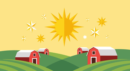 Sunny farm landscape with barns and starbursts, flat vector illustration © steven