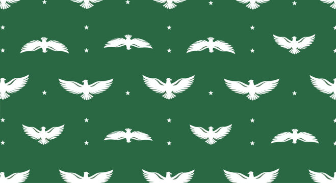 Seamless pattern of white eagles and stars on a green background, graphic element