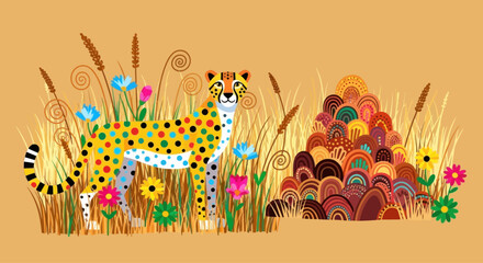 Whimsical cheetah illustration with colorful spots in tall grass and abstract patterned hill © steven