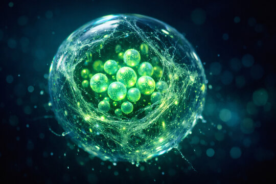 Microscopic view of a glowing green cellular structure with internal spheres and webbed fibers. Detailed biological illustration ideal for biotechnology and advanced medical research.