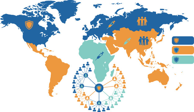 World map illustrates the global distribution of health resources and population data points.