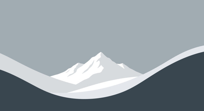 Minimalist mountain landscape with snow peaks and rolling hills in cool, muted tones.