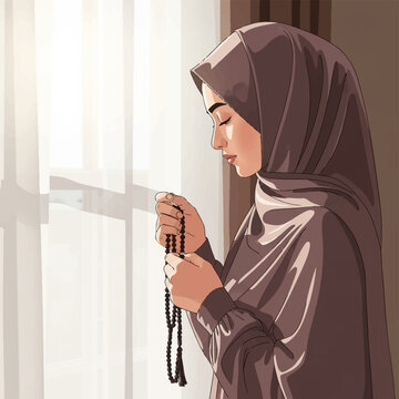 Digital illustration of a young Muslim woman wearing a brown hijab and dress, holding tasbih prayer beads while standing by a bright window with curtains in a serene indoor setting.