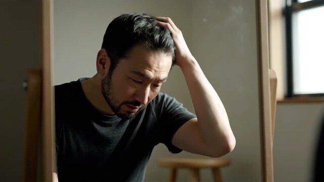 鏡を見て薄毛を気にする男性（薄毛・抜け毛・ヘアケア）