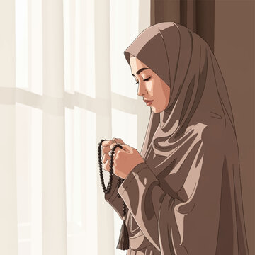 Vector illustration of a Muslim woman wearing a brown hijab and abaya holding tasbih prayer beads while standing near a window with white curtains in a state of prayer and reflection.