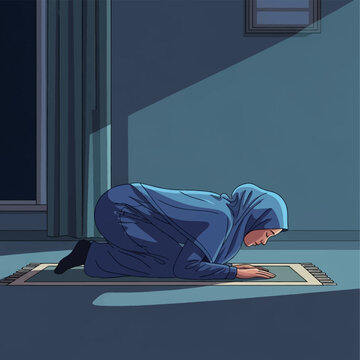 Vector illustration of a devout Muslim woman in blue attire performing the Sujud prostration during prayer on a rug at night, lit by moonlight through a window in a dark room.