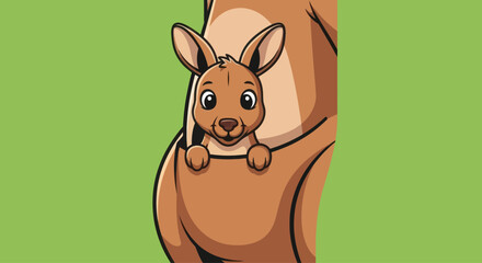 Cute cartoon joey peeking from kangaroo pouch, vector graphic © siti