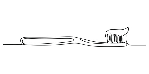 Toothbrush with toothpaste drawing in a simple continuous line art style © Bilas