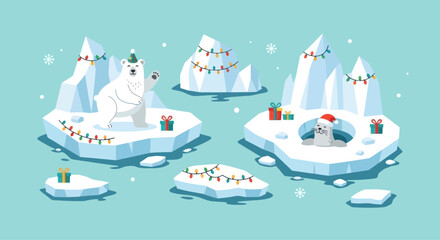 Cute polar bear and seal on ice floes with Christmas lights and gifts, festive arctic scene © siti