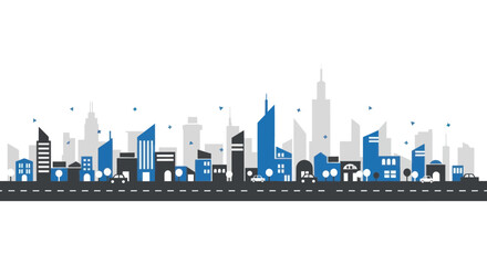 Fototapeta premium Vector city skyline with modern buildings and road, flat design graphic element