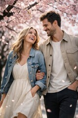 Fototapeta premium Couple enjoying cherry blossom season.