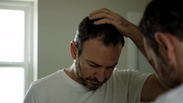 鏡を見て薄毛を気にする男性（薄毛・抜け毛・ヘアケア）