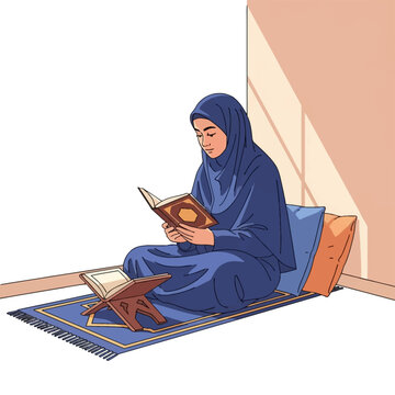 Illustration of a Muslim woman wearing a dark blue hijab and abaya sitting on a prayer mat, reading a religious book while another book rests on a wooden rehal stand indoors.