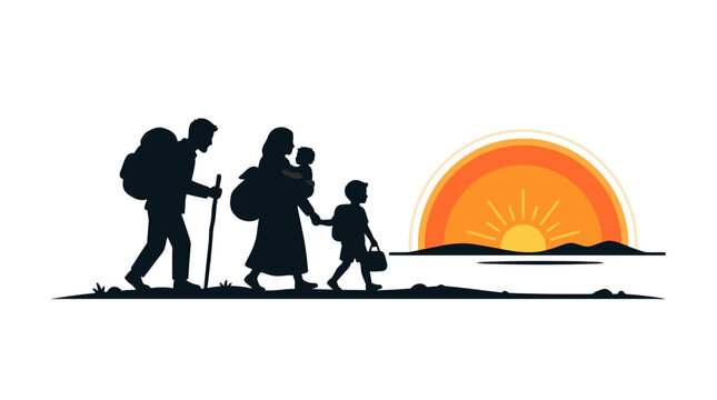 Family of refugees walking towards a sunset, silhouette, migration, journey, hope