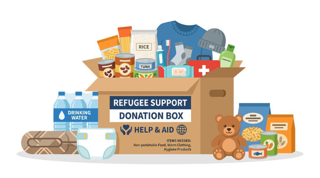 Refugee Support Donation Box Filled with Humanitarian Aid, Food, Clothes, and Toys