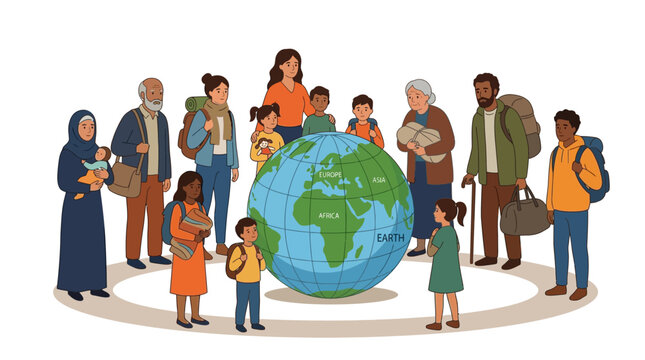Diverse Global Community Around Earth: Migration, Travel, Unity, People