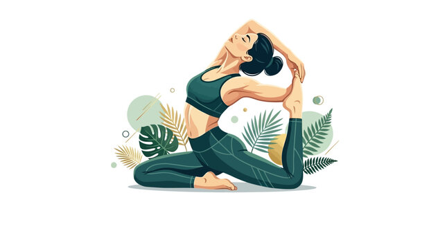 Woman practicing yoga in King Pigeon Pose (Eka Pada Rajakapotasana) with foliage and abstract shapes
