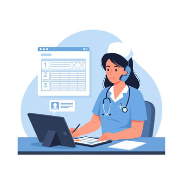 Female nurse in blue scrubs wearing a headset working at a desk with a computer and tablet for telehealth coordination, managing patient digital records and medical schedules.