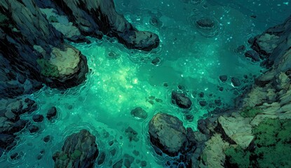 Obraz premium Aerial view of a serene turquoise water body surrounded by rocky cliffs and boulders, with shimmering reflections and patches of greenery along the shoreline