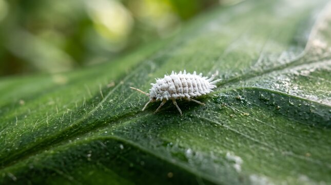 Extreme Macro Close-up of a Tiny White Insect on a Green Leaf